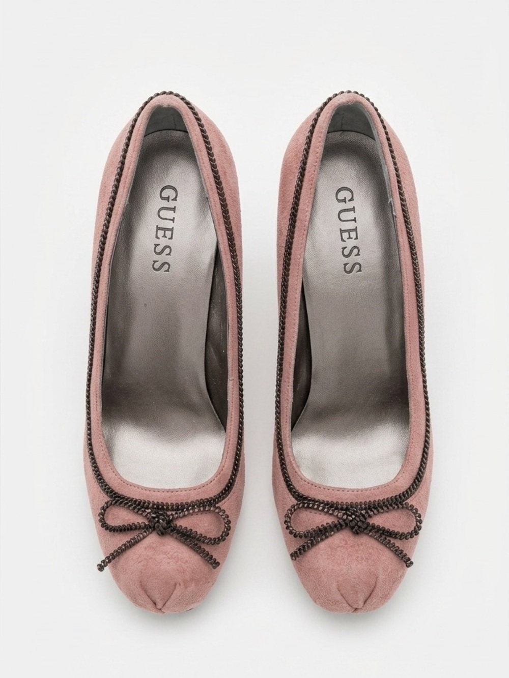 Guess Dusty Pink Suede Pumps Zipper Bow Chain Trim Stiletto Heels Women’s 6.5